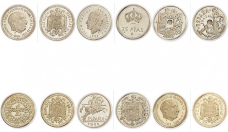 56 EUR  6 Replicas de Monedas de una peseta y centimos en plata 999 peso total   58,12 gr